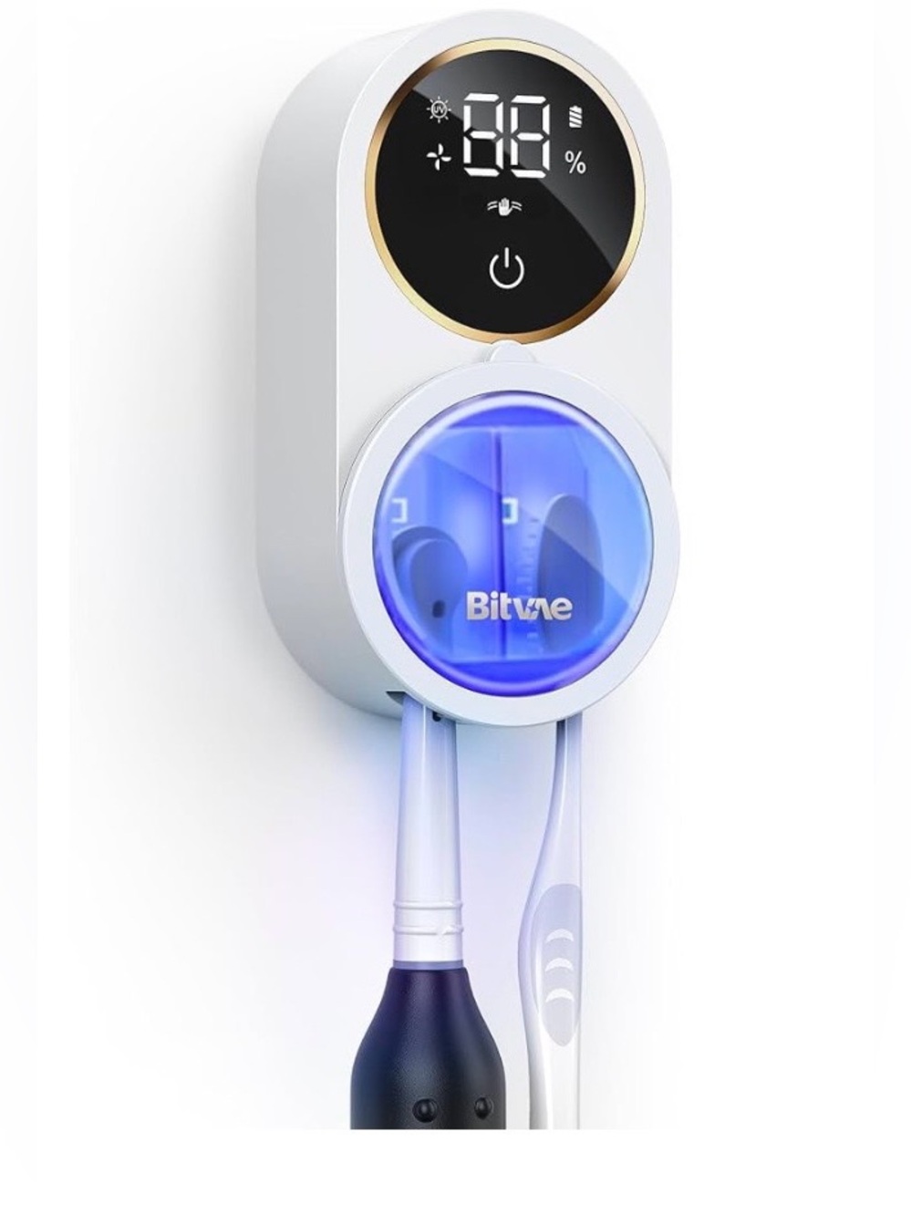 Bitvae Wall-Mounted UV Toothbrush Sterilizer White & Gold Accent Holder LED